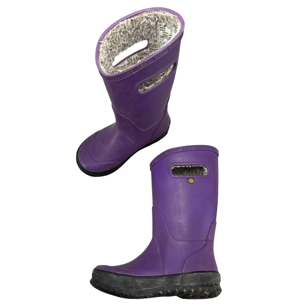Bogs Kids Rain Boots Plush Purple Rubber Waterproof Insulated Winter Size 12